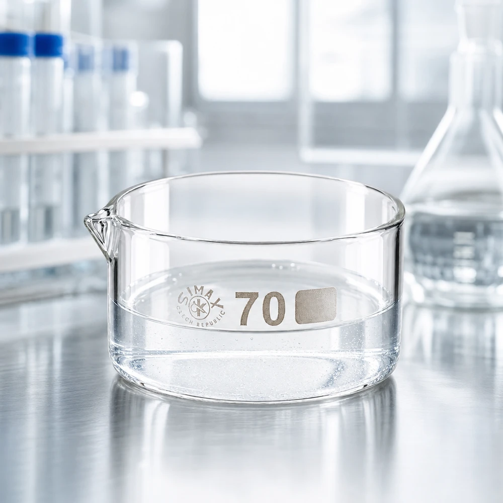 Krystalliseringsskål 100 ml med borosilikat-tud Tom krystalliseringsskål på 100 ml af laboratorieglas med kort tud på en overflade af rustfrit stål