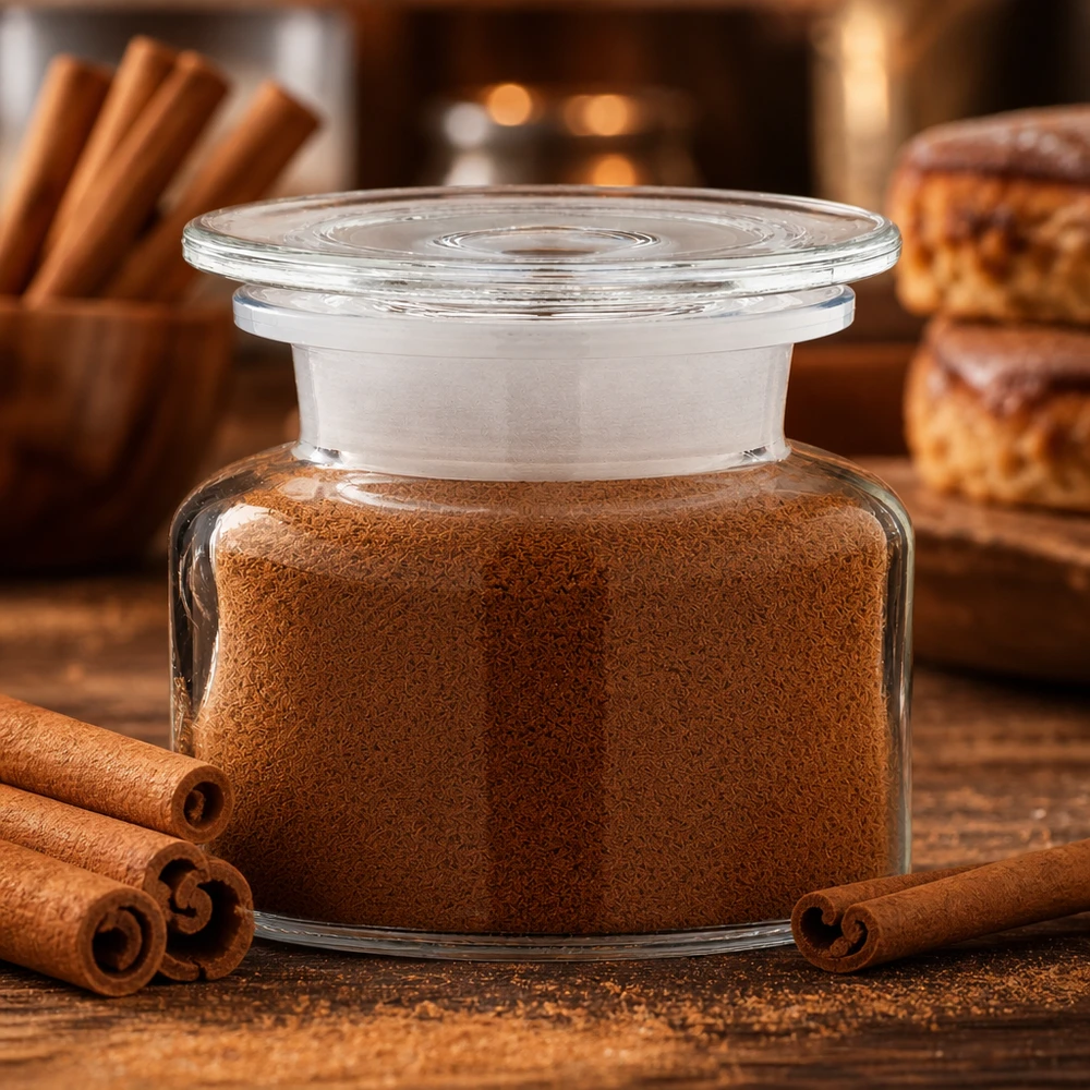 Idé til krydderiglas: Apotekerflaske 100 ml med bred hals i klart glas Apotekerflaske, 100 ml, bredhalset, klart glas, fyldt med kanelpulver, ved siden af kanelstænger på træ
