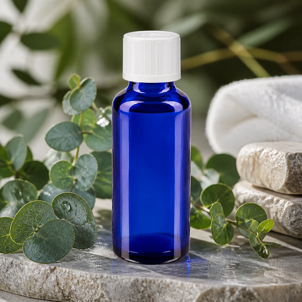 Blå 30 ml apotekerflaske med hvid skruelåg på natursten med eukalyptusgrene