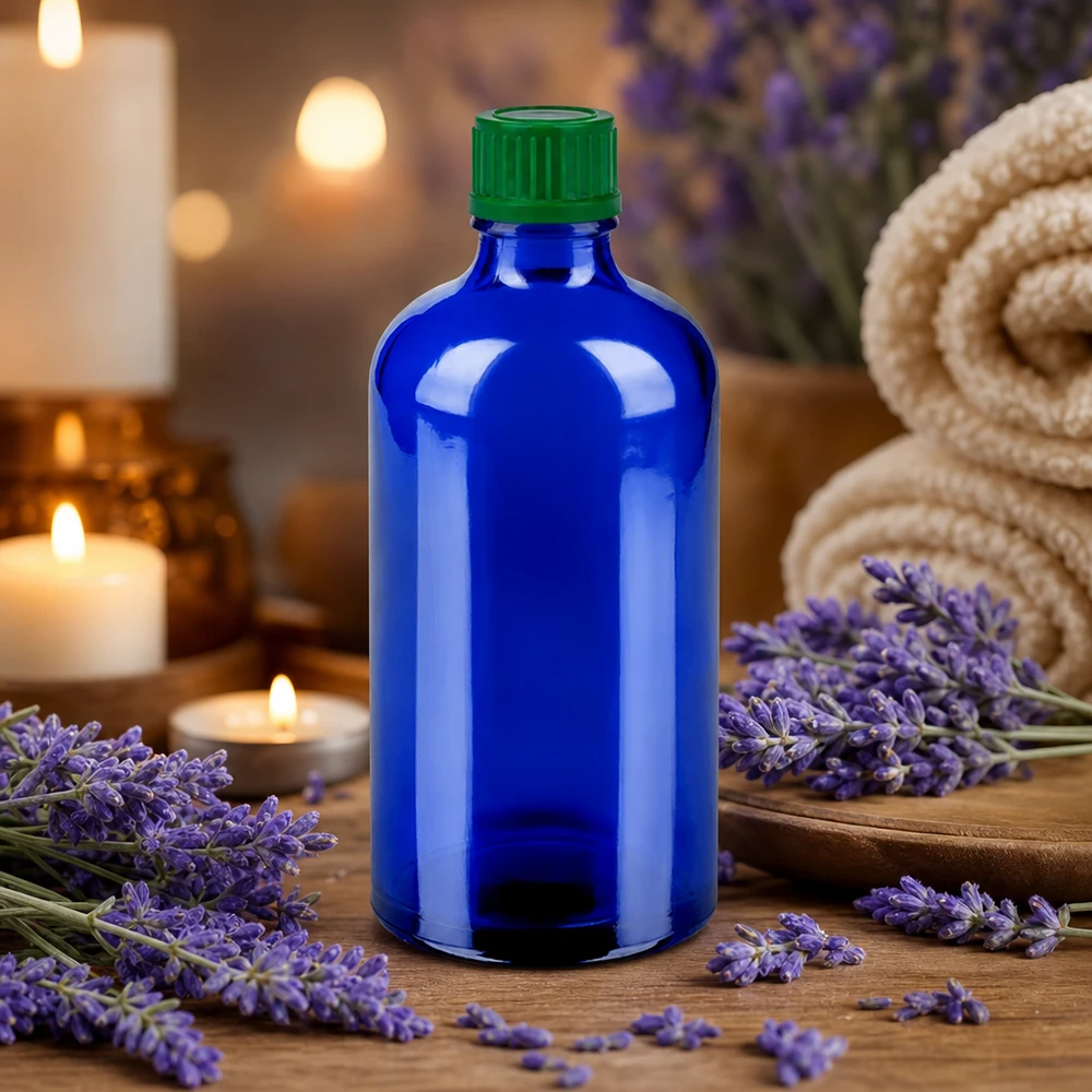 100 ml kosmetikflaske af højkvalitetsglas i blå til æteriske olier og aromaterapi