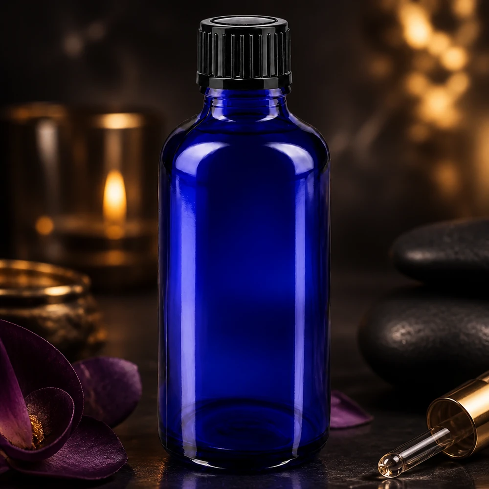 Apoteksflaske blå 50ml skruelåg sort pc Blå glasflaske på 50 ml med sort låg ved siden af orkideblomster og massagesten