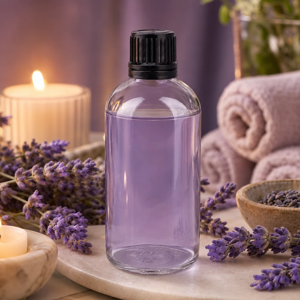 100 ml (kugle)Flas. 3mm GR s. STD ClearL. UT18/100 100 ml glasflaske fyldt med lavendelolie i en spa-agtig atmosfære med stearinlys og håndklæder