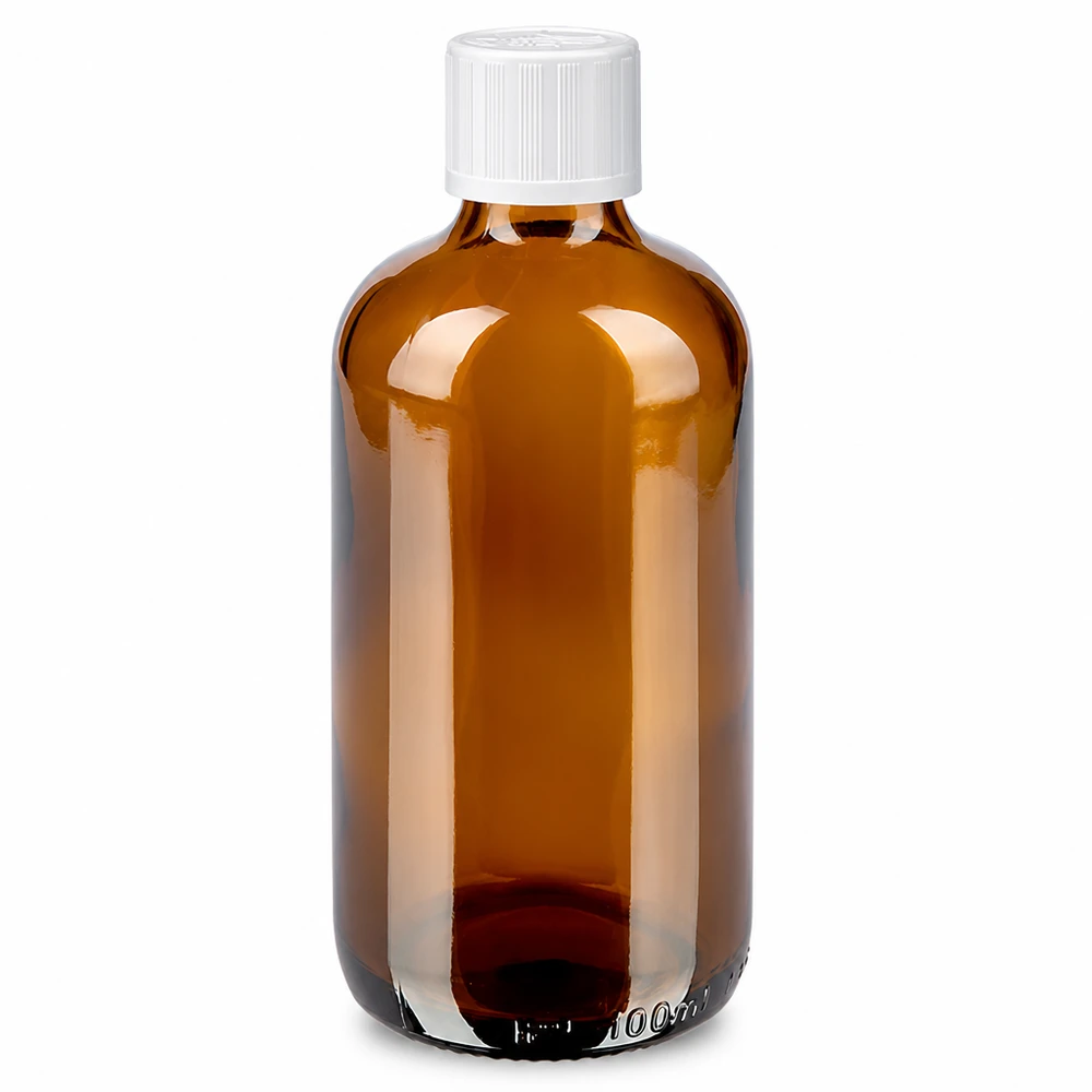 100 ml brun glasflaske med hvid børnesikret prop på 11 mm til apoteker