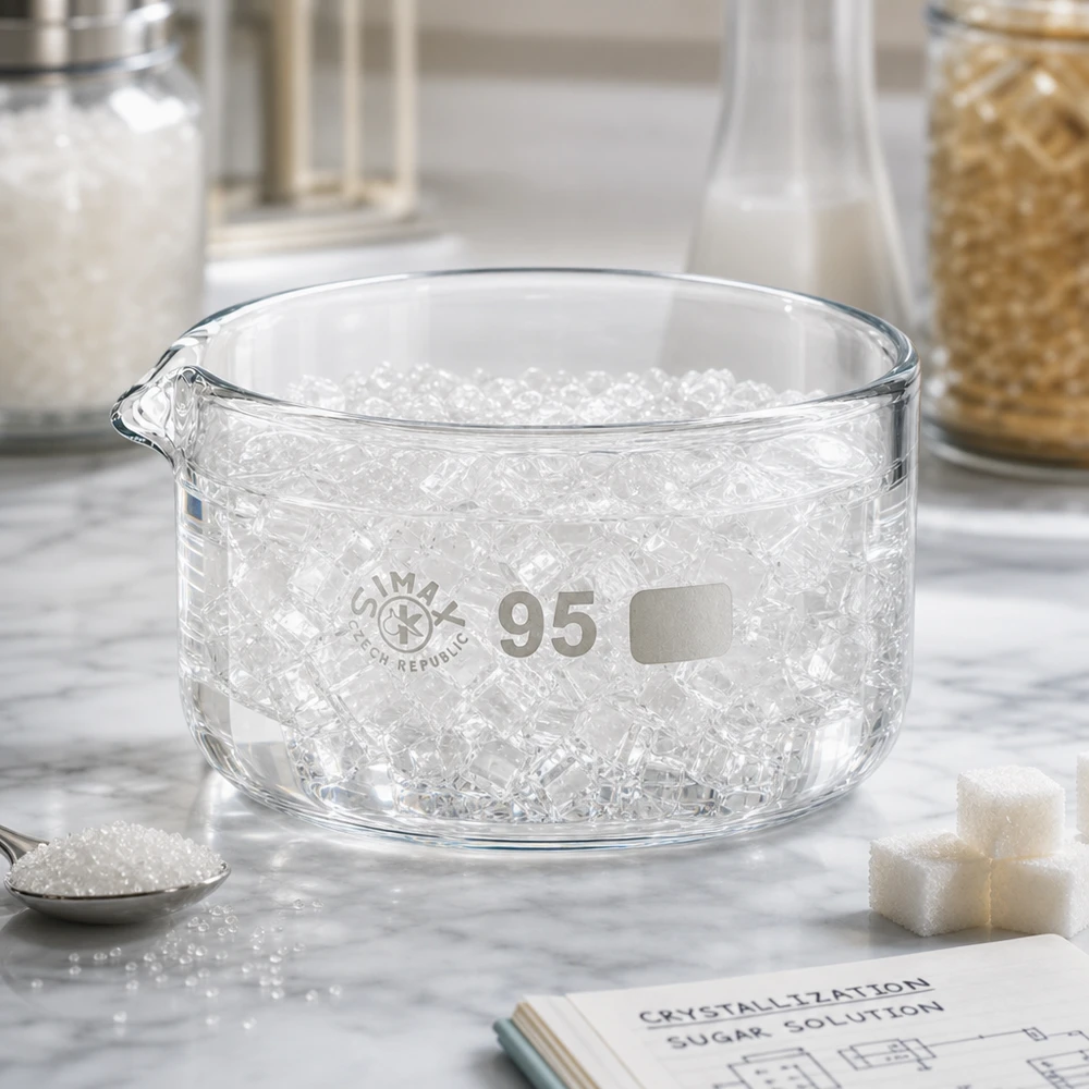 Krystalliseringsskål 300 ml med borosilikat-tud Krystalliseringsskål 300 ml fyldt med isterninger, flad glasskål, ø 95 mm, SIMAX, med udløb, laboratoriebrug