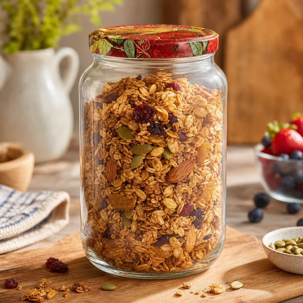 1062 ml rund krukke + BasicSeal-låg til frugtdekoration UNiTWIST 1062 ml rund krukke BasicSeal låg frugtdekoration fyldt med müsli granola nødder tørret frugt morgenmad opbevaringskrukke
