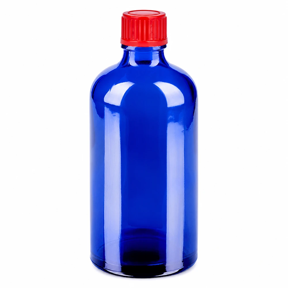 100 ml flaske 11 mm SV rød STD BlueLine UT18/100 100 ml blå glasflaske med rødt skruelåg 11 mm SV til medicin og kosmetik