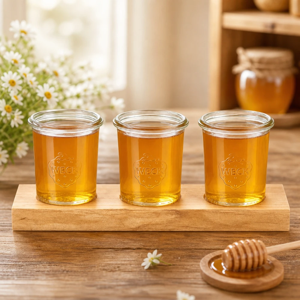 Serveringsbræt Plano3 med 3 Weck-glas med skruelåg, 160 ml Tre Weck 160 ml glas med gylden honning på et Plano3 serveringsbræt ved siden af en honningske og blomsterdekoration.