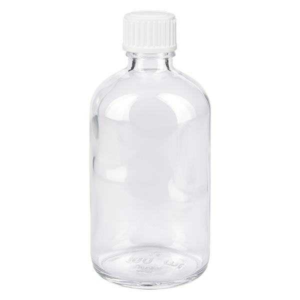 Apoteksflaske klar 100 ml skruelåg hvide kugler St Apoteksflaske klar 100 ml skruelåg hvide kugler St