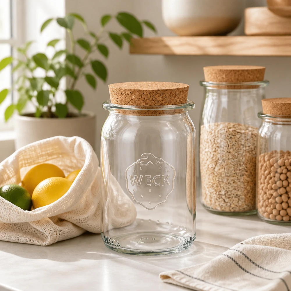 WECK 145 ml cylindrisk krukke RR40 tom med korklåg i bæredygtigt nul-affaldskøkken ved siden af bælgfrugter og citrusfrugter