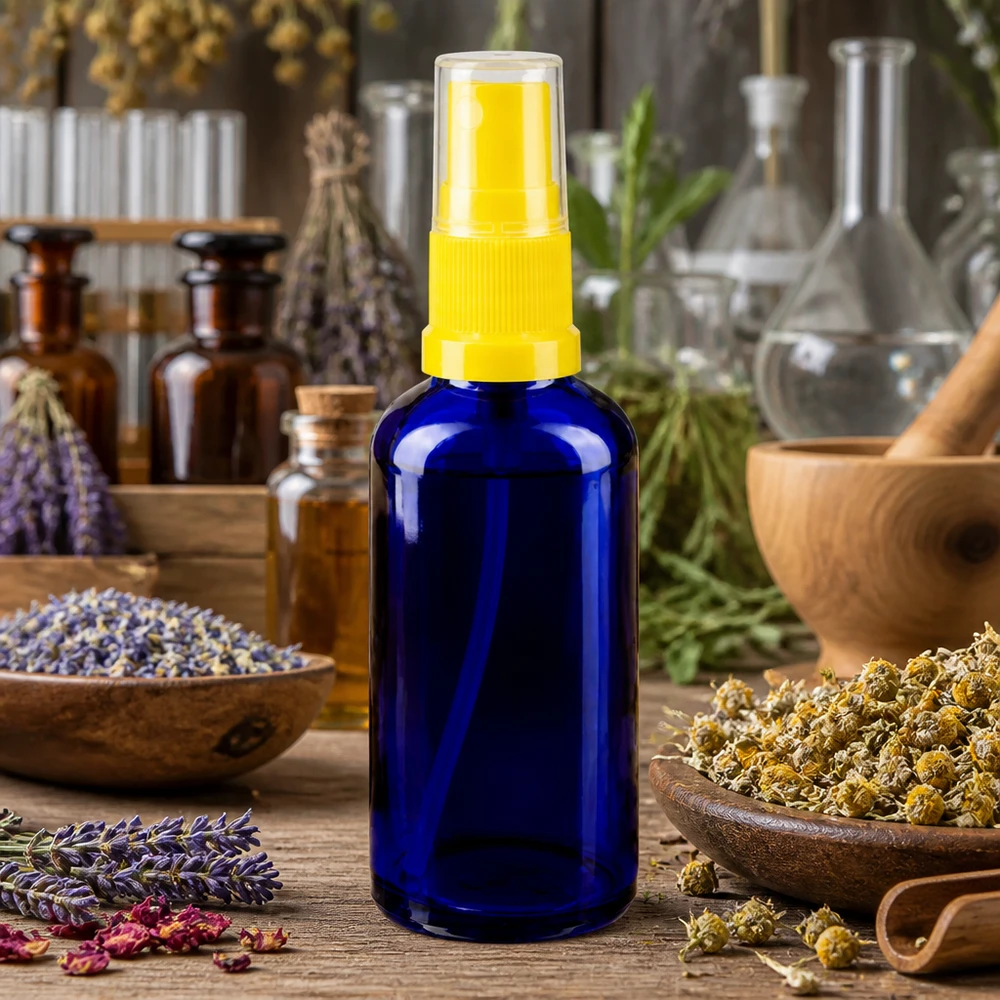 Apotekerflaske blå 50 ml spraytilbehør gul 50 ml sprayflaske af blåt glas med gul pumpedyser mellem lavendel og urter