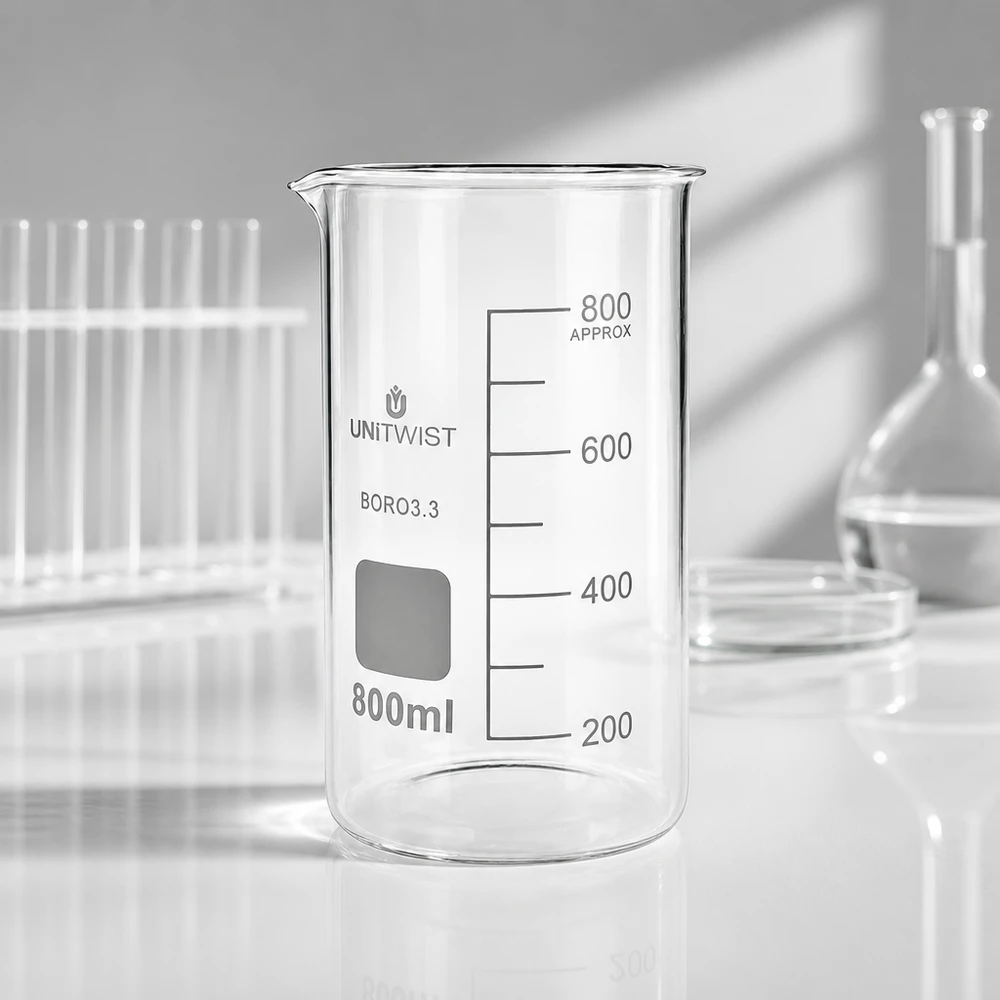 UNITWIST Bægerglas 800 ml, høj model, tomt borosilikat-laboratorieglas med måleskala på hvid baggrund