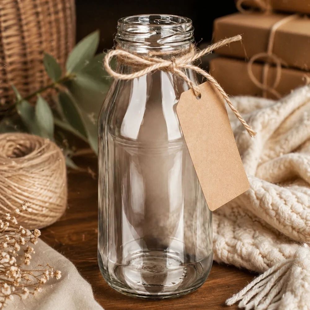 UNiTWIST Bottle263 - Flaske med kapacitet på 263 ml TO43 Glasflaske 263ml TO43 UNiTWIST Bottle263 med jutesnor og vedhæng på træbord med dekoration