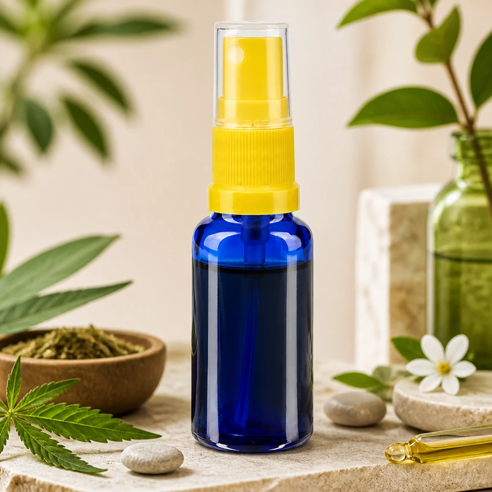 Lille 20 ml apotekersprayflaske af blåt glas med gul pumpespray