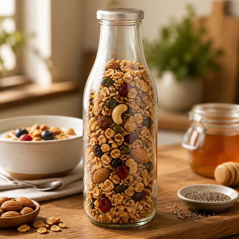 1000 ml glasflaske + BasicSeal-låg sølv UNiTWIST. Absolut lækagesikker med stort TO48-låg. Til mælk, juice og limonade. 1000 ml glasflaske BasicSeal silver fyldt med müsli og tørret frugt til opbevaring af tørfoder.