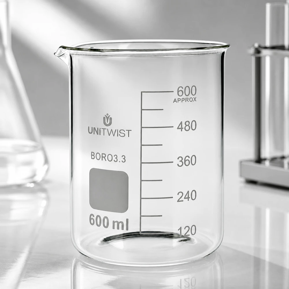 Bæger 600 ml borosilikat, lav form UNiTWIST UNiTWIST målebæger 600 ml, borosilikatglas, klart glas med måleskala fra 120 til 600 ml, lav form