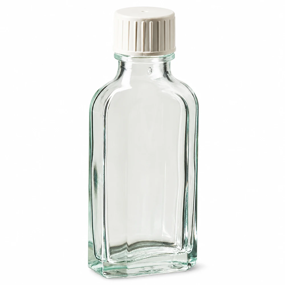 50 ml Meplat klart skruelåg med hældering 50 ml Meplat-glasflaske, klar, med hvid skruelåg og hældering