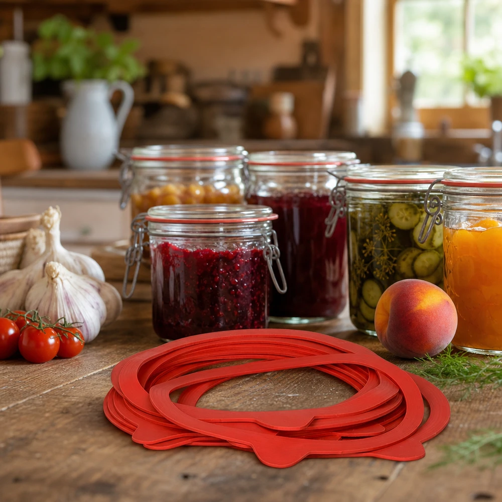Tætningsring af naturgummi RR120 Konserveringsring RR120 af naturgummi i et rustikt køkken med syltetøjsglas og friske ingredienser til konservering