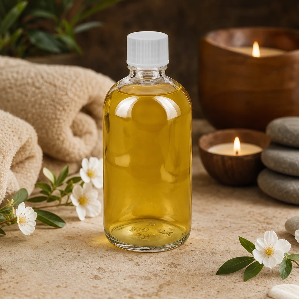 100 ml flaske 11 mm SV hvid STD ClearLine UT18/100 Massageolie i en gennemsigtig 100 ml glasflaske med hvid sikkerhedslås SV 11 mm STD