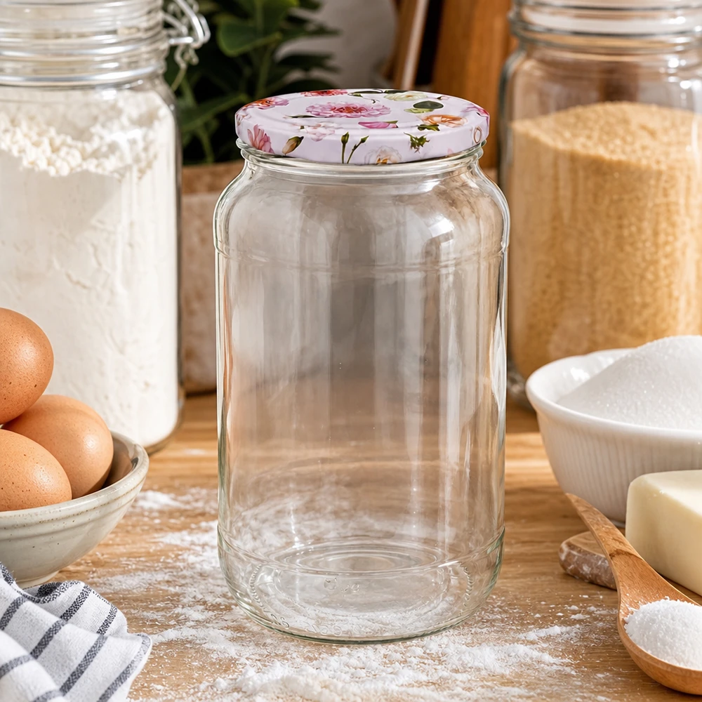 1062 ml rund krukke + BasicSeal låg, lyserød UNiTWIST Tom 1062 ml rund krukke lyserødt blomsterlåg BasicSeal Køkkenmiljø med æg Mel Bagetilbehør Opbevaring