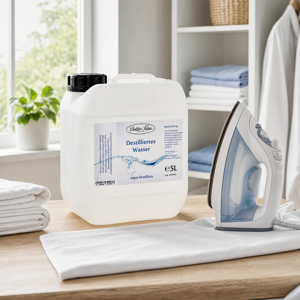 5 liter destilleret vand Doktor Klaus Doktor-Klaus Destilleret vand 5-liters dunk ved siden af strygejernet på det hvide strygebræt i vaskerummet