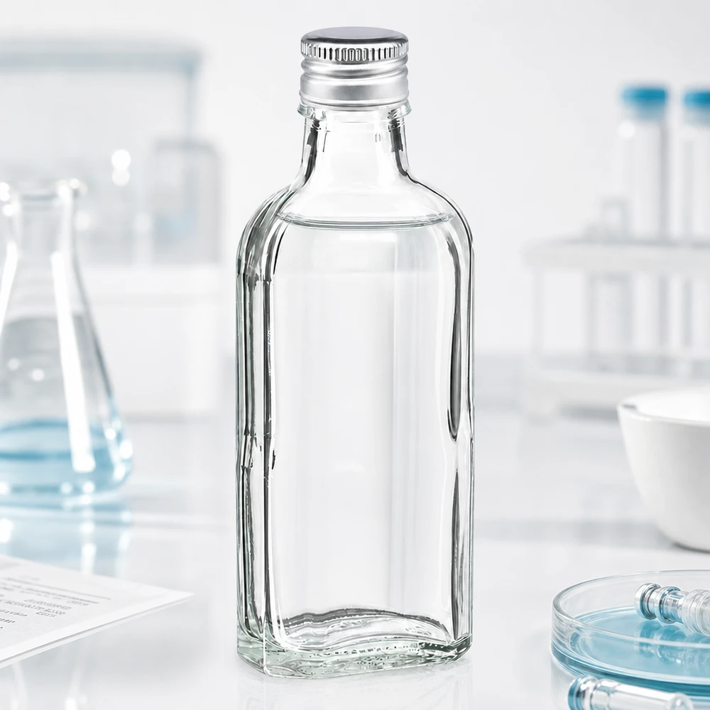 Rektangulær 100 ml Meplat-glasflaske, klar, med sølvfarvet aluminiumsskruelåg, PP22, til brug i laboratoriemiljøet
