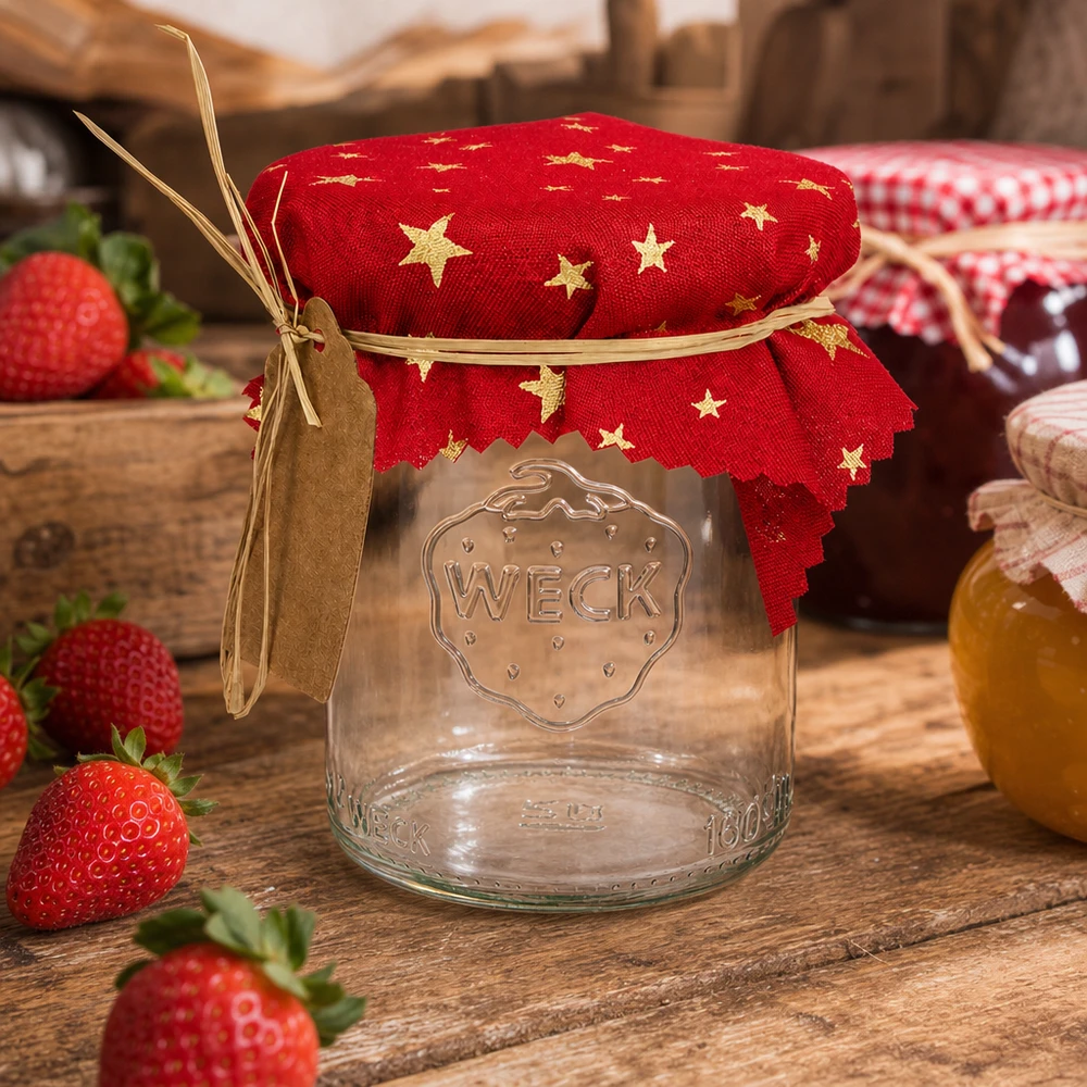 Stofdækkeserviet stjerner rød 120x120mm firkantet Dekoratives Schmuckdeckchen rot Sterne auf Einmachglas mit Erdbeeren rustikale Küchendeko Landhausstil 12cm