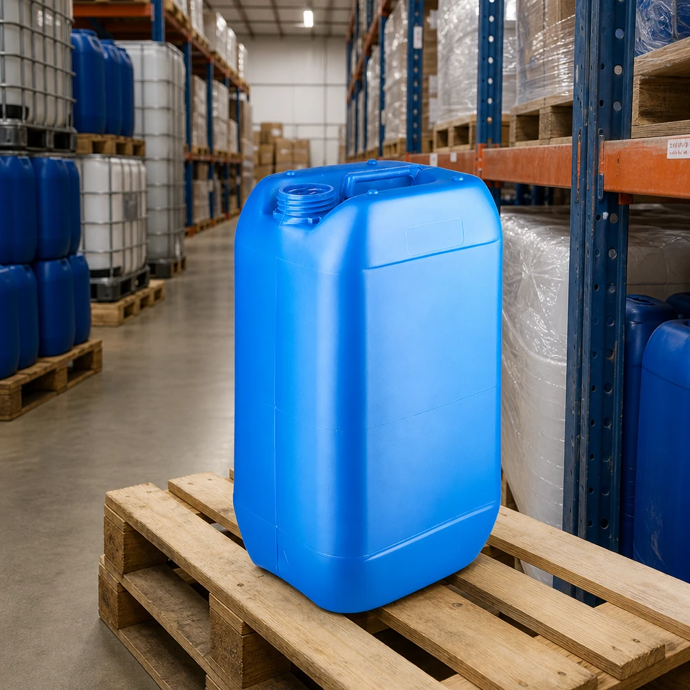 Kanister 15 liter blå uden låg Stabelbar industrikanister på 15 liter, blå, uden låg, i lageret på en træpalle