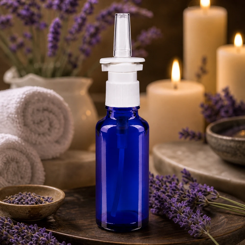 Apoteksflaske blå 30 ml næseforstøver hvid St Blå 30 ml næsesprayflaske af ApoGlas med gennemsigtig spids foran en lavendel-dekoration