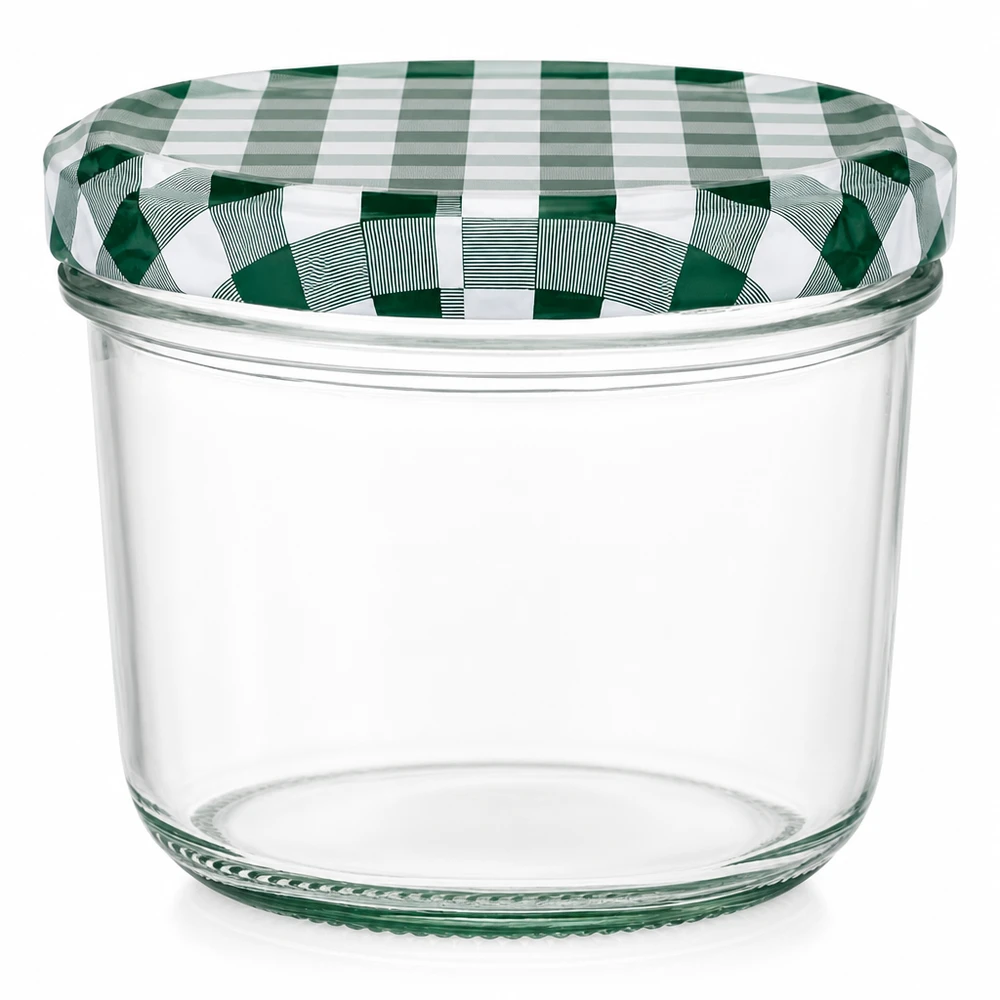 230 ml Briller + BasicSeal-låg grøn/hvid UNiTWIST 230 ml glas med grønt og hvidt BasicSeal-låg ternet gennemsigtigt syltetøjsglas