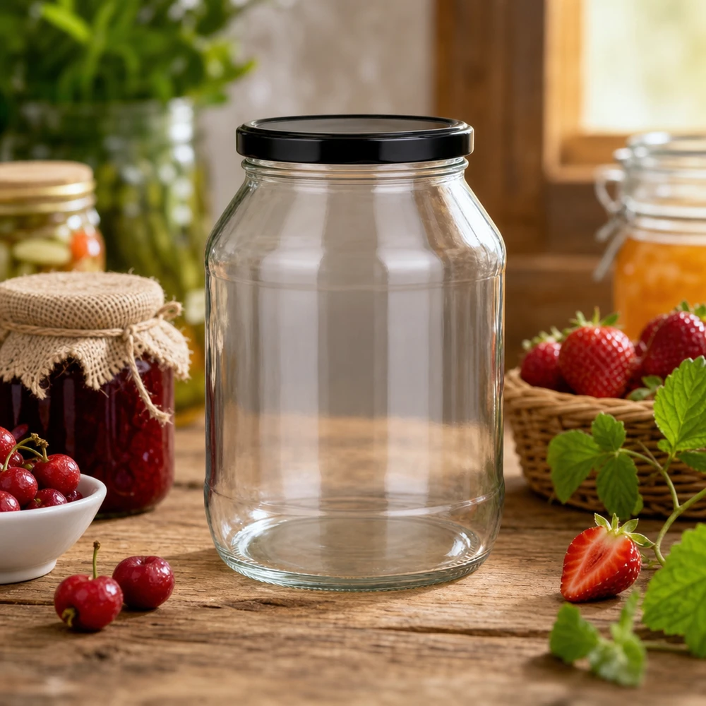 2650 ml rund krukke med BasicSeal-låg sort UNiTWIST 2650ml Rundglas mit schwarzem Deckel für Einmachen und Vorratshaltung in rustikaler Küche mit frischen Früchten