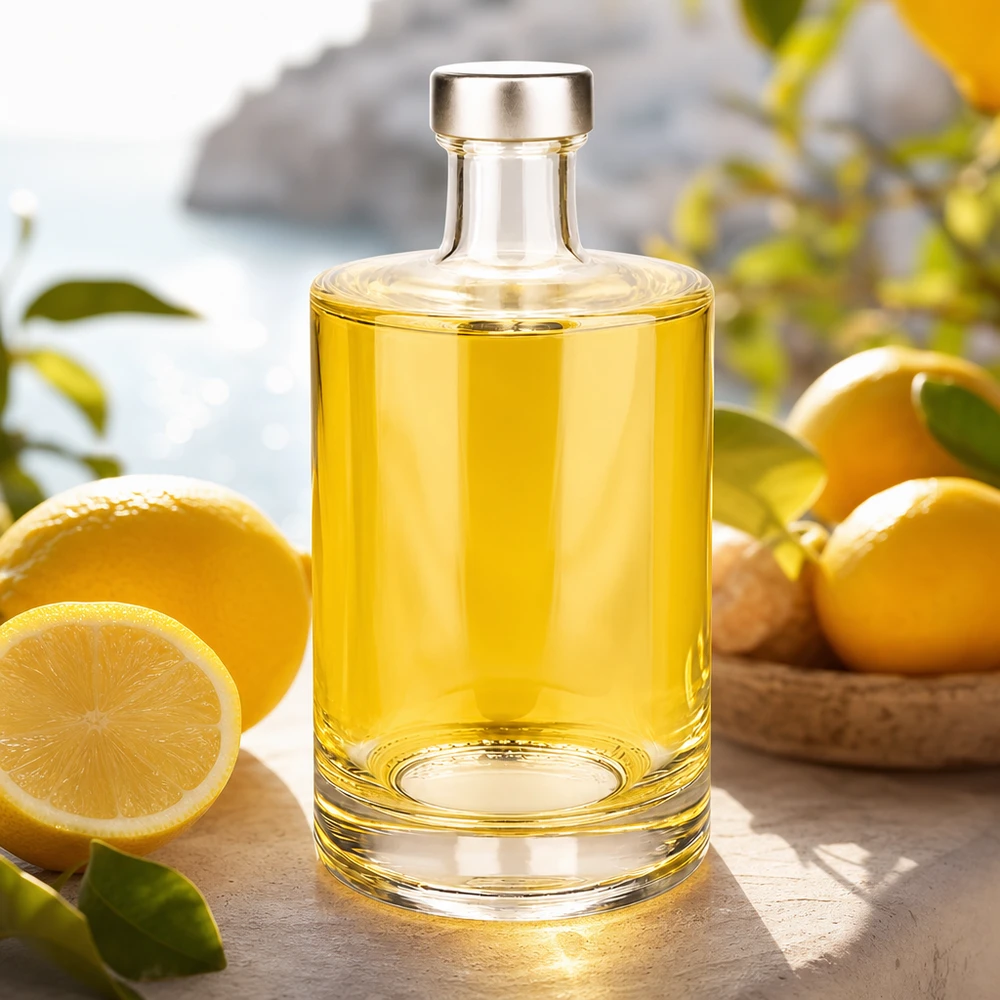 500 ml glasflaske Sam fyldt med gul væske ved siden af citroner på træbord Lifestyle-applikation