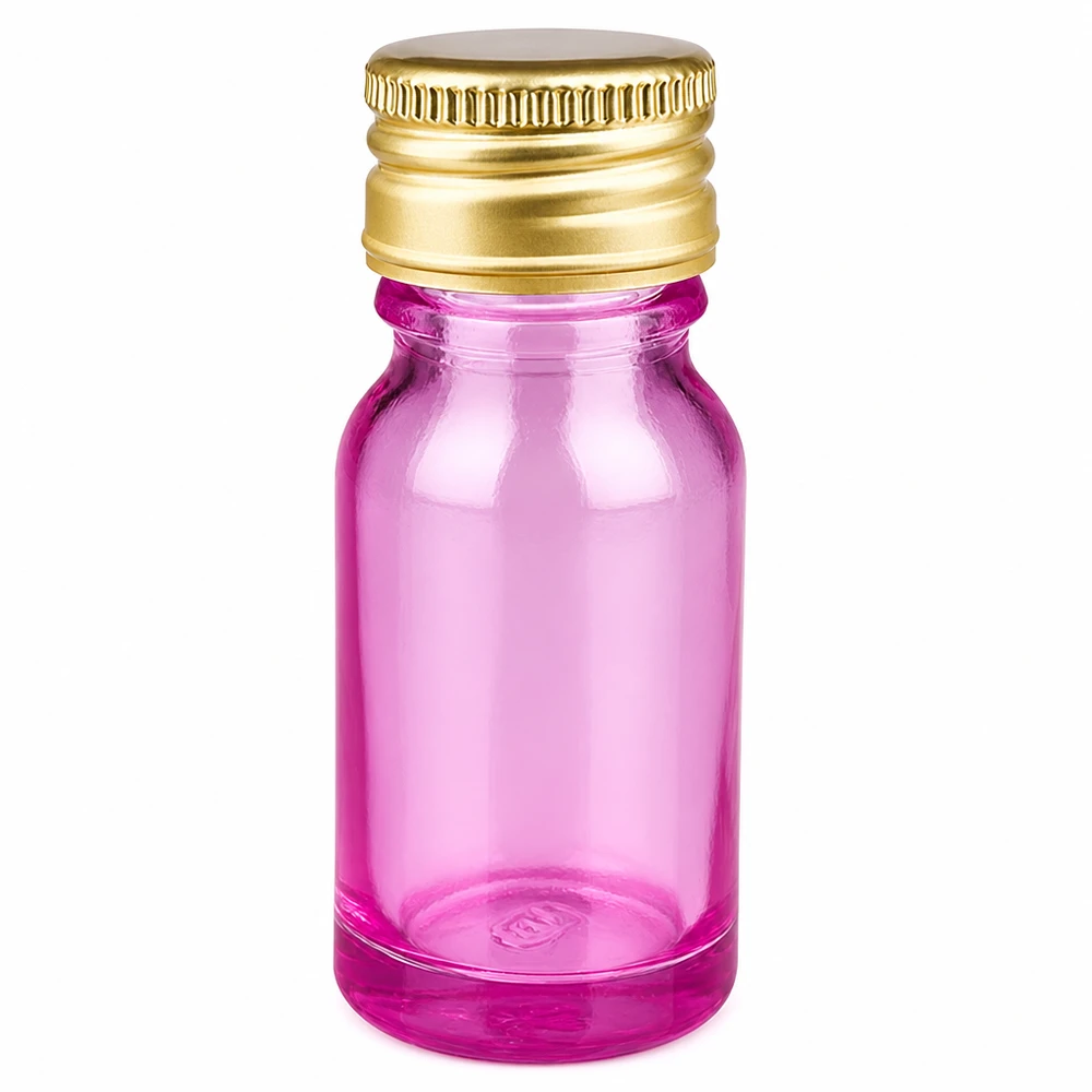 10ml flaske 11mm skruelåg aluminium guld standard PurpleLine. UT18/10 10 ml flaske med skruelåg af aluminium, guld og lilla gennemsigtigt glas til æteriske olier