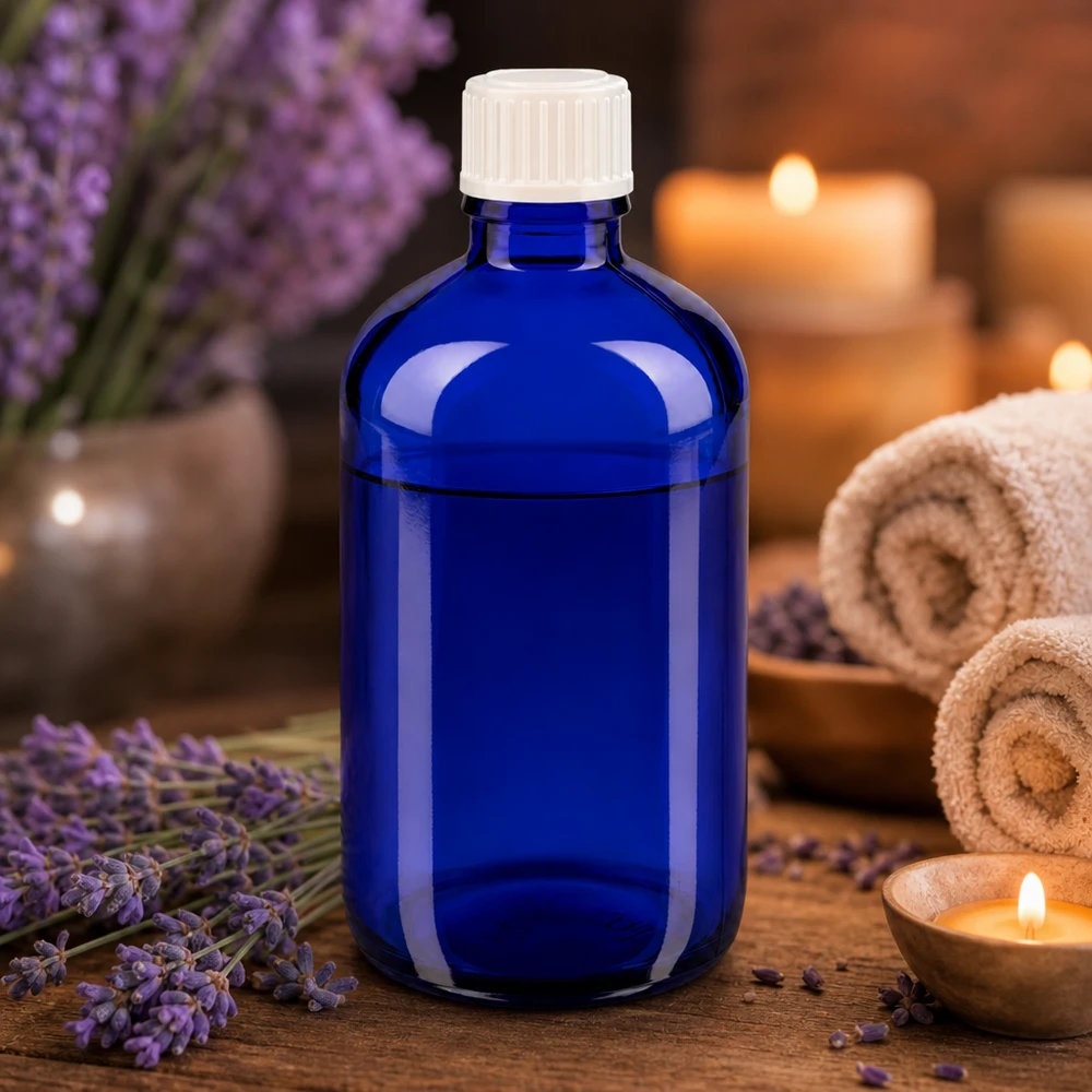 Blå 100 ml apotekerflaske med lavendel og stearinlys til aromaterapi og velvære