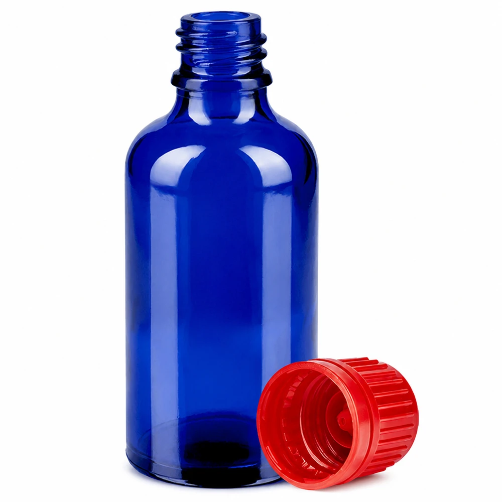 Blå 50 ml laboratorieflaske med rødt skruelåg SV 11 mm OV BlueLine UT18/50