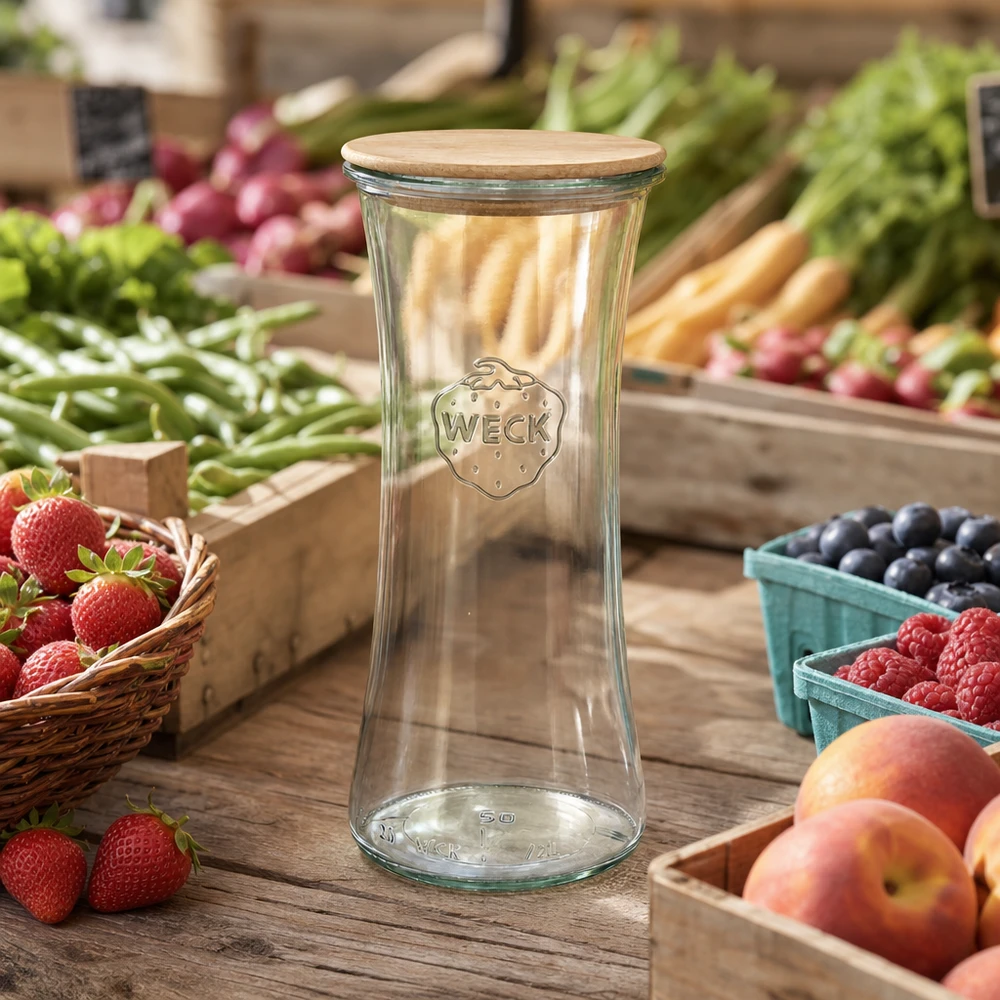 700 ml delikatesseglas WECK RR80 med trælåg WECK delikatesseglas 700ml RR80 med trælåg på ugemarked mellem frisk frugt og grønt naturlige omgivelser