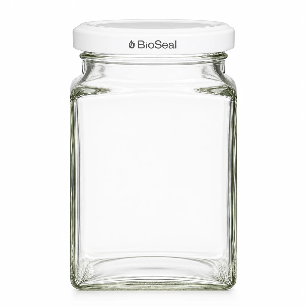 UNiTWIST Tetra260 med hvidt låg TO58 BioSeal UNiTWIST Tetra260 opbevaringsglas firkantet med hvidt TO58 BioSeal-låg tom gennemsigtig glaskrukke