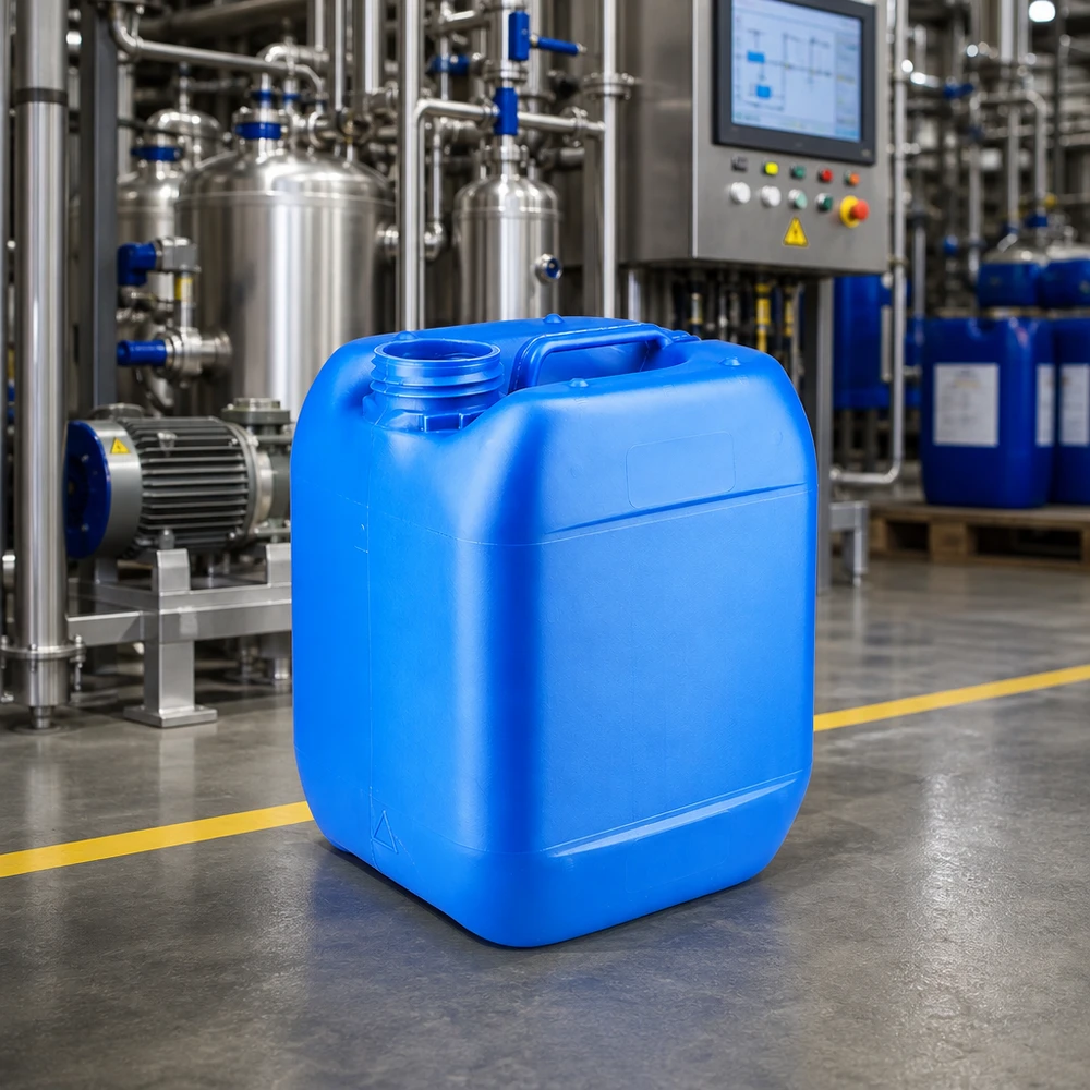 Robust HDPE-kanister på 5 liter, blå, uden låg, i et industrielt produktionsanlæg