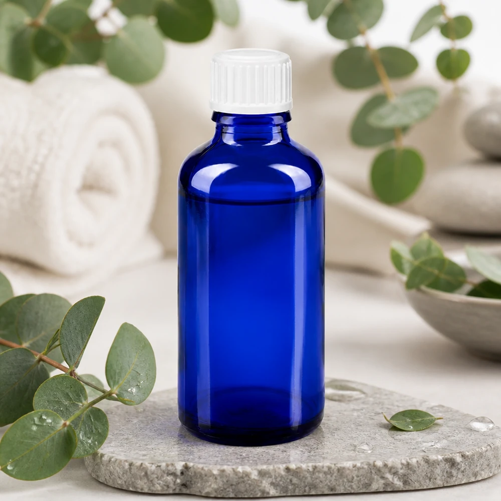 Apoteksflaske blå 50ml skruelåg hvide kugler St Blå 50 ml dråbeflaske af apotekerglas med hvid skruelåg omgivet af eukalyptusgrene