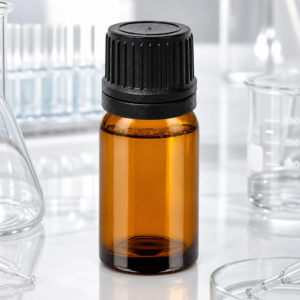 10 ml dråbeflaske 1 mm sort OV BrownLine UT18/10 Ravfarvet 10 ml glasflaske med 1 mm dråbeåbning og sort OV-hætte til apoteket