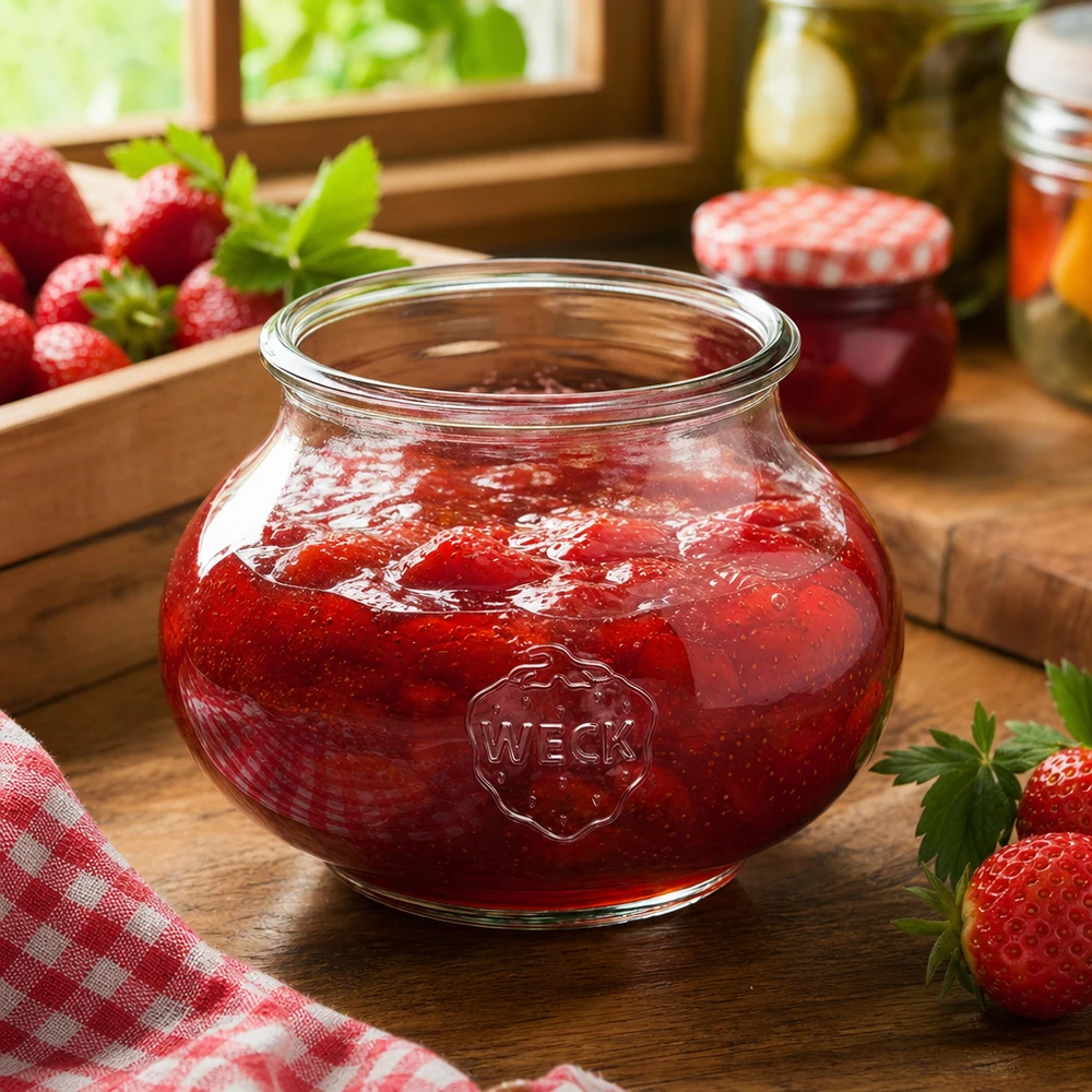 560 ml WECK RR80-glas med låg WECK dekorativ krukke 560 ml RR80 fyldt med jordbærmarmelade i et rustikt køkken med friske jordbær og syltetøjsglas