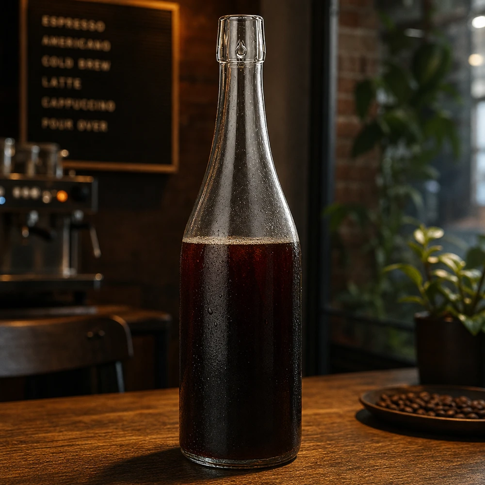 750 ml glasflaske uden skruelåg UNiTWIST 750ml UNiTWIST Glasflasche mit Cold Brew Kaffee befüllt auf Holztisch in stylischer Café Atmosphäre Anwendung
