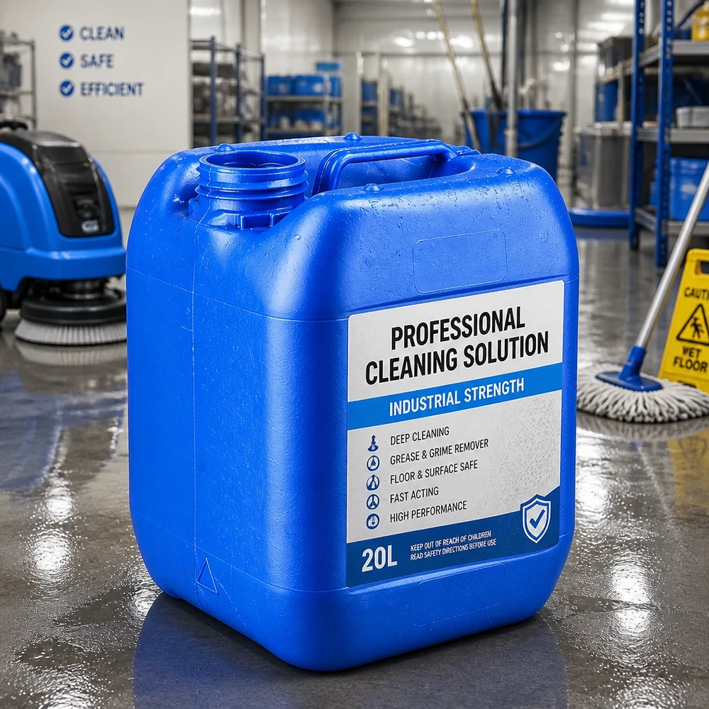 5 liters dunk blå uden låg Tom blå dunk på 5 liter uden låg til professionelle rengøringsmidler