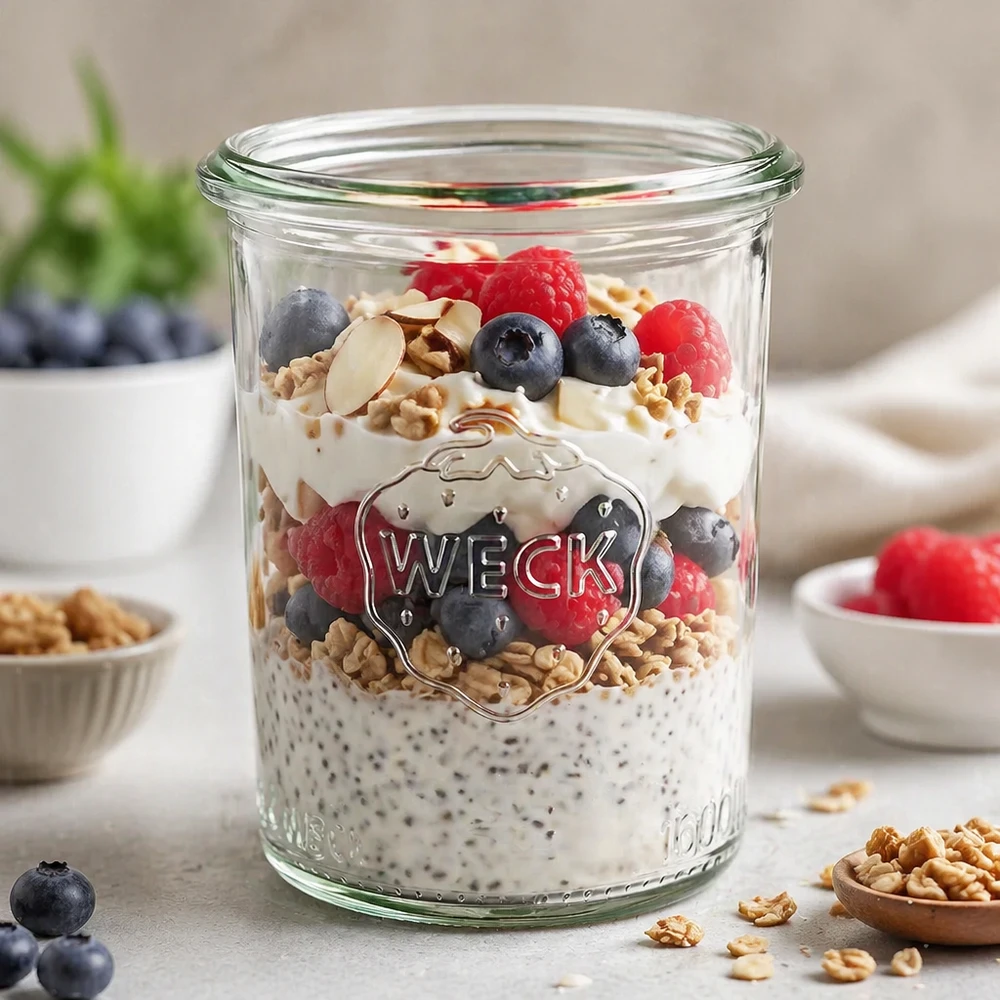160 ml Briller WECK RR60 WECK 160 ml RR60 murerbalje fyldt med chia-budding, bær og nødder som en sund morgenmadsidé