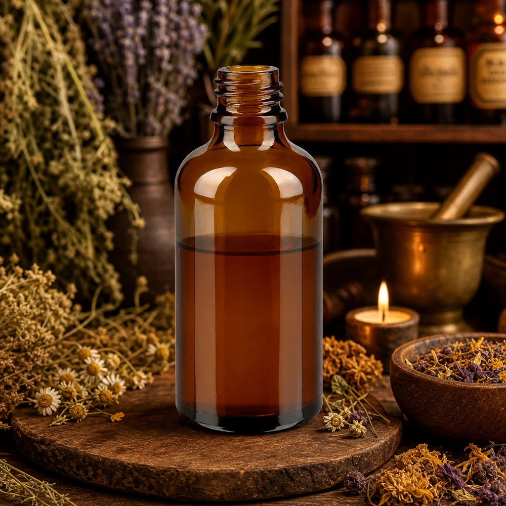 Dropperflaske 50 ml DIN 18 lavet af ravfarvet glas 50 ml brun ApoGlas-apoteksflaske med urtetinktur i rustikt urteapotek med morter og lægeplanter