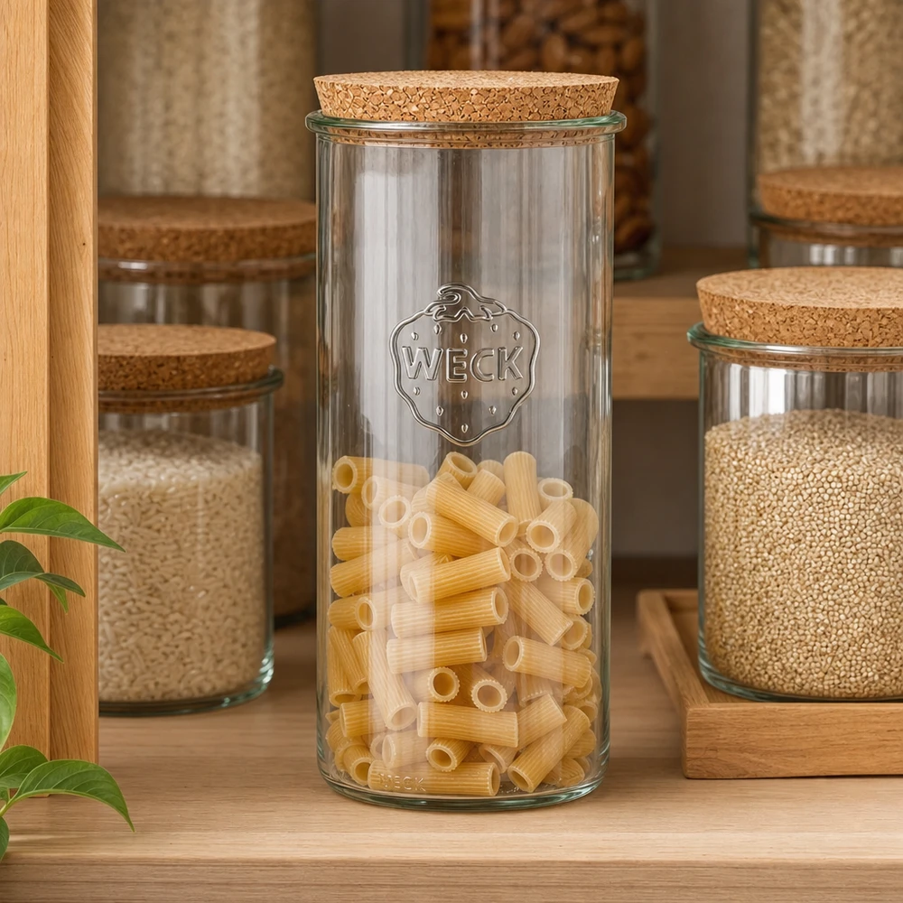 1500 ml Briller WECK RR100 med kork natur WECK RR100 1500 ml krukke fyldt med pasta Køkkenhylde Kork låg Pantry organisation Opbevaring