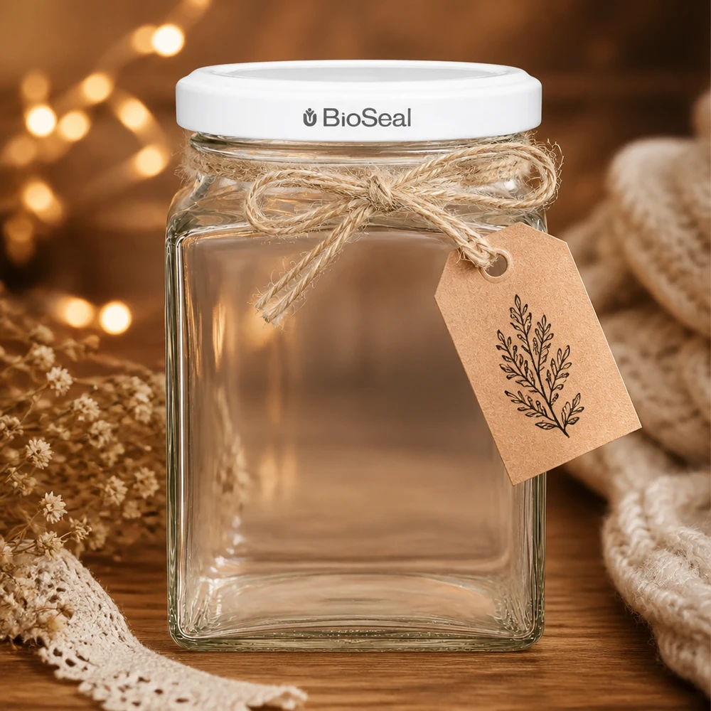 UNiTWIST Tetra260 med hvidt låg TO58 BioSeal UNiTWIST Tetra260 Vorratsglas mit weißem TO58 BioSeal Deckel und Geschenkanhänger rustikale Deko warmes Licht