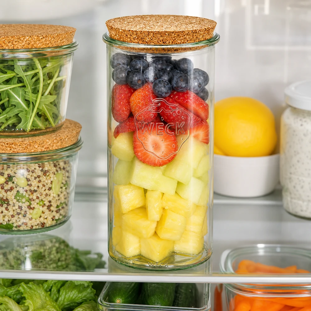 1500 ml Briller WECK RR100 med kork natur WECK RR100 Køleskabsorganisation Frugtsalat Bær Ananas Korklåg Meal Prep holder sig frisk