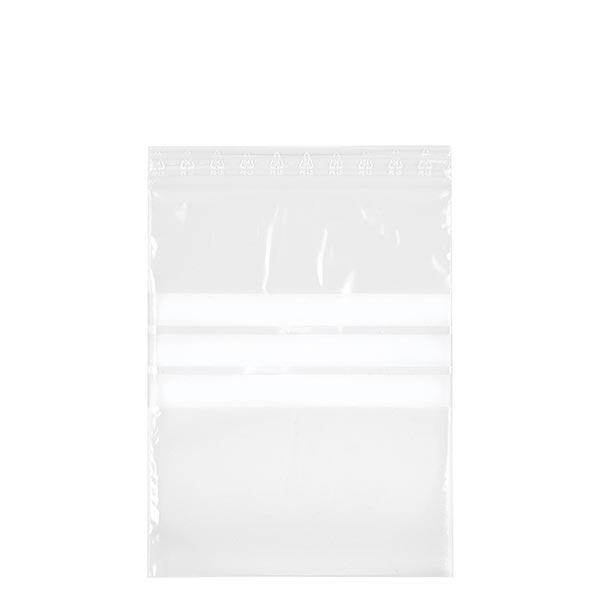 PolyZip med skrivefelt (pakke med 100) 250x350mm. Fremstillet af klar PE 50µm. Også til fødevarer. Med skrivefelt og trykforsegling med lynlås.