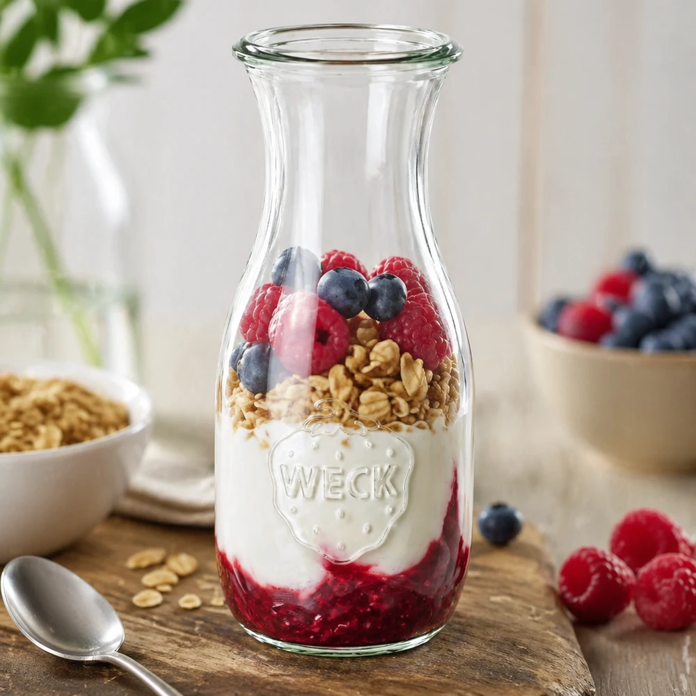 530 ml saftflaske WECK RR60 WECK juiceflaske 530 ml RR60 som kornskål fyldt med yoghurt, bær og granola ved siden af frisk frugt