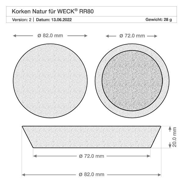 Kork til 75 mm åbning WECK RR80 (ø72/82, H=20 mm) Teknisk tegning WECK RR80 korkprop med målene 72mm 82mm diameter 20mm højde Naturlig korkprop